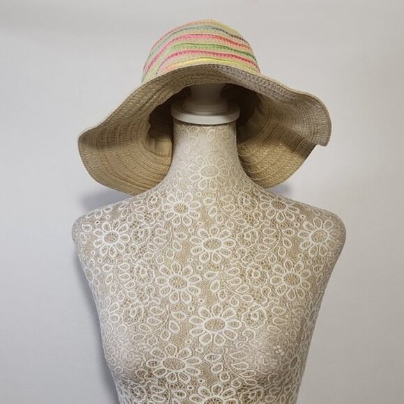 Summer Ladies Sun Beach Paper Straw Neon Stripe Hat Floppy Foldable Med Brim - Picture 4 of 12